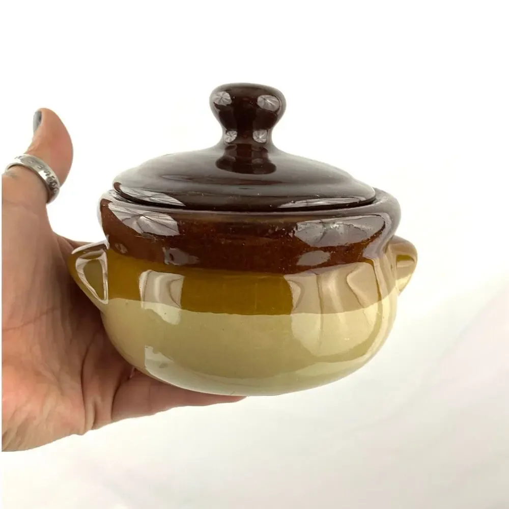 VTG Stoneware Pottery Bean Pot Double‎ Handled Brown 3 Tones Small
